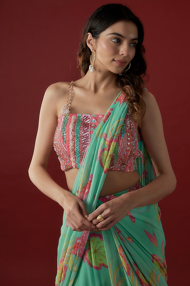 Light Blue Georgette Floral Printed Ruffled Wedding Saree Set by Label PS'B at Pernia's Pop Up Shop