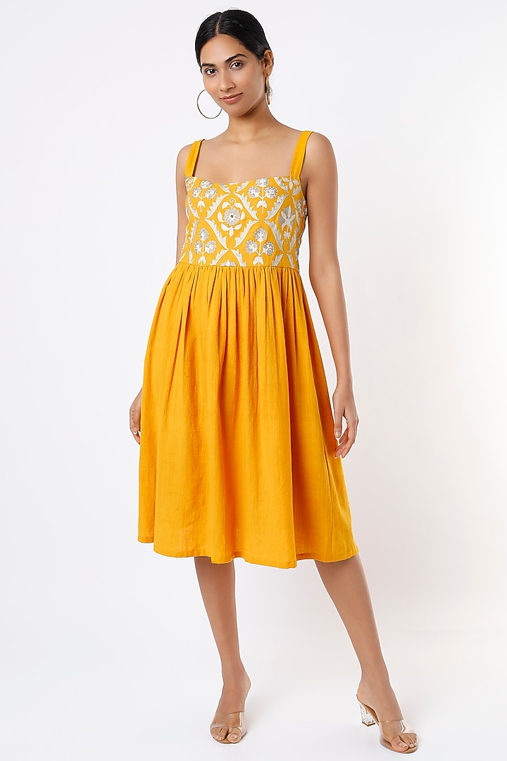Mustard Embroidered Midi Summer Dress by Label Sugar at Pernia's Pop Up Shop