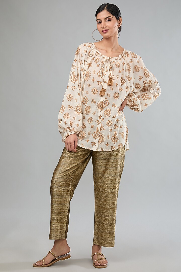 Beige Matka Silk Ankle-Length Pants by Label Sugar at Pernia's Pop Up Shop