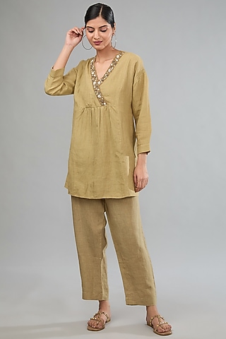Yellow Linen Boho Embroidered Co-Ord Set by Label Sugar