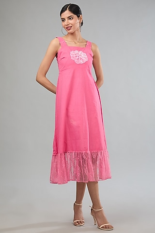 Pink Handloom Cotton Lace Embroidered Two-Tiered Midi Dress by Label Sugar