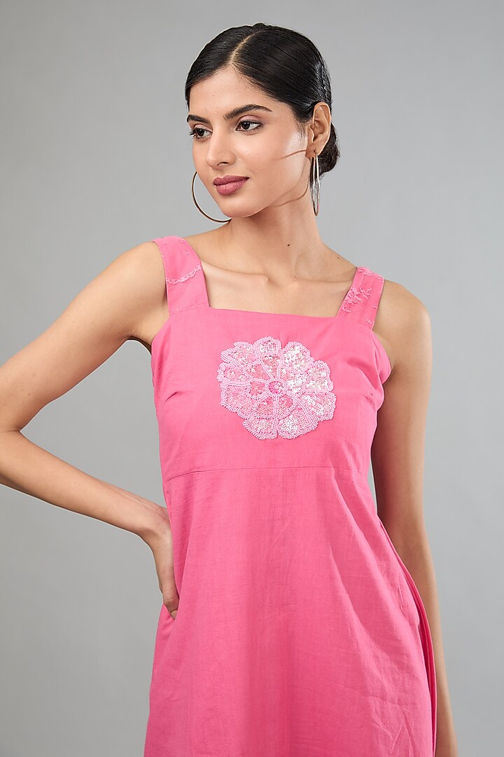 Pink Handloom Cotton Lace Embroidered Two-Tiered Midi Summer Dress by Label Sugar at Pernia's Pop Up Shop