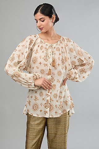 Brown Mal Cotton Machine Embroidered Balloon Sleeves Top by Label Sugar