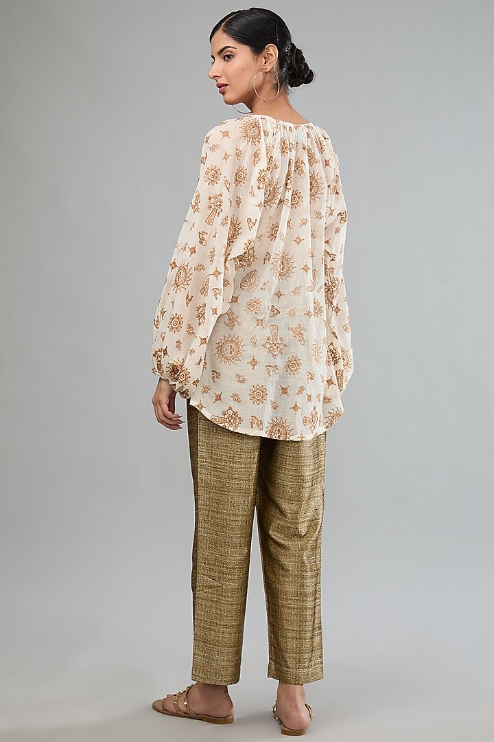 Brown Mal Cotton Machine Embroidered Balloon Sleeves Top by Label Sugar at Pernia's Pop Up Shop