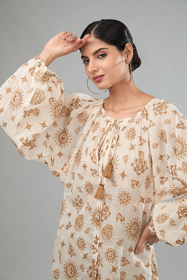 Brown Mal Cotton Machine Embroidered Balloon Sleeves Top by Label Sugar at Pernia's Pop Up Shop