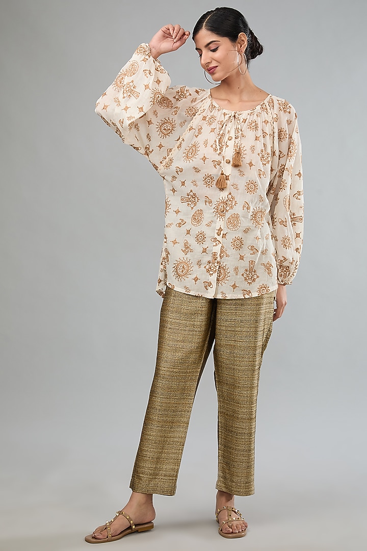 Brown Mal Cotton Machine Embroidered Balloon Sleeves Top by Label Sugar at Pernia's Pop Up Shop