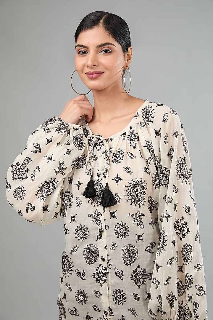 Black Mal Cotton Machine Embroidered Balloon Sleeves Top by Label Sugar at Pernia's Pop Up Shop