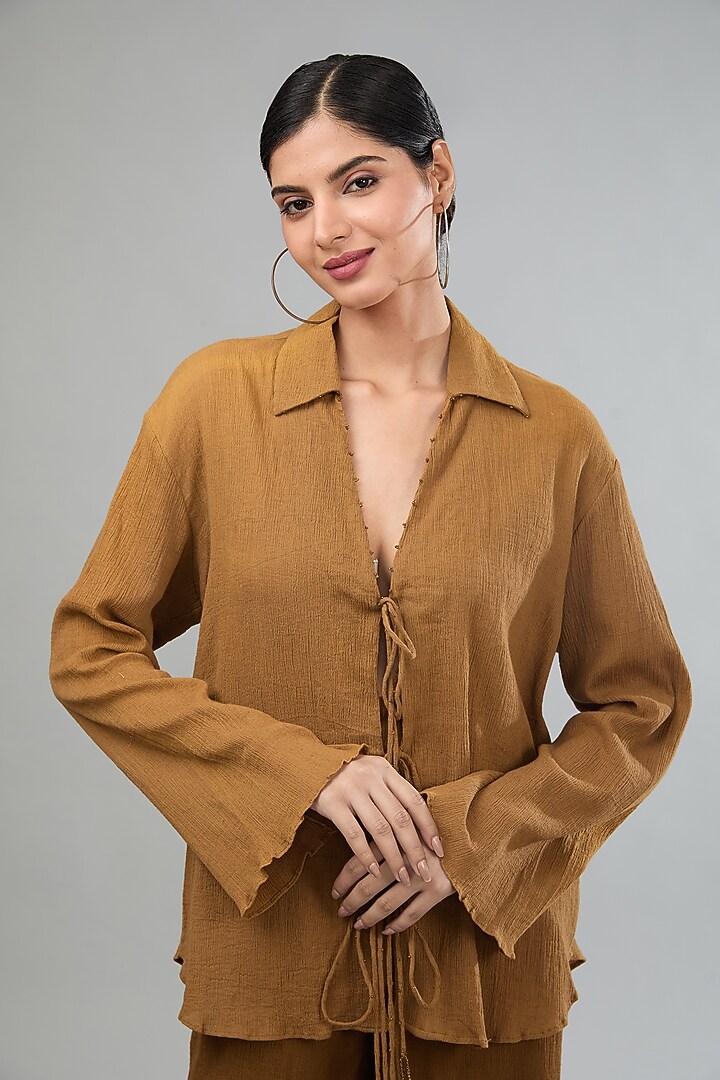 Brown Crushed Cotton Tie-Up Co-Ord Set by Label Sugar at Pernia's Pop Up Shop