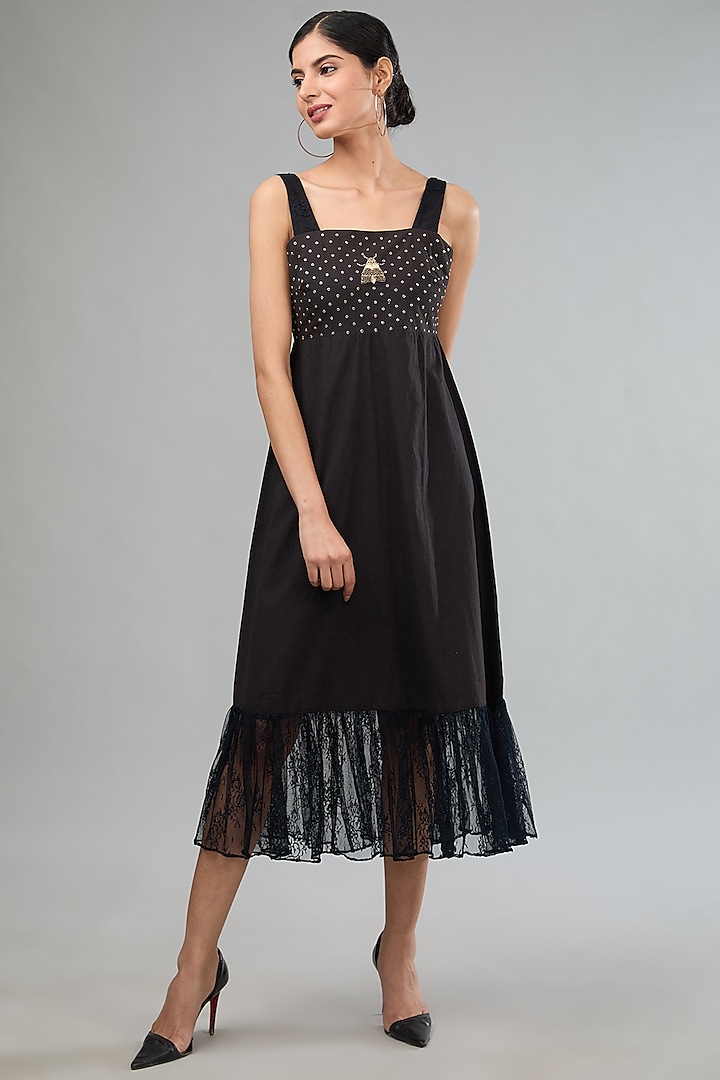 Black Handloom Cotton Lace Embroidered Two-Tiered Midi Dress by Label Sugar