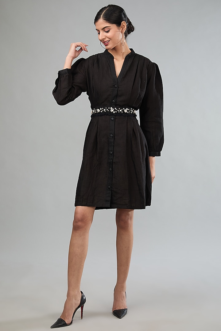 Black Linen Mini Shirt Dress With Tie-Up Belt by Label Sugar