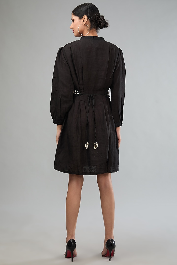 Black Linen Mini Summer Shirt Dress With Tie-Up Belt by Label Sugar at Pernia's Pop Up Shop