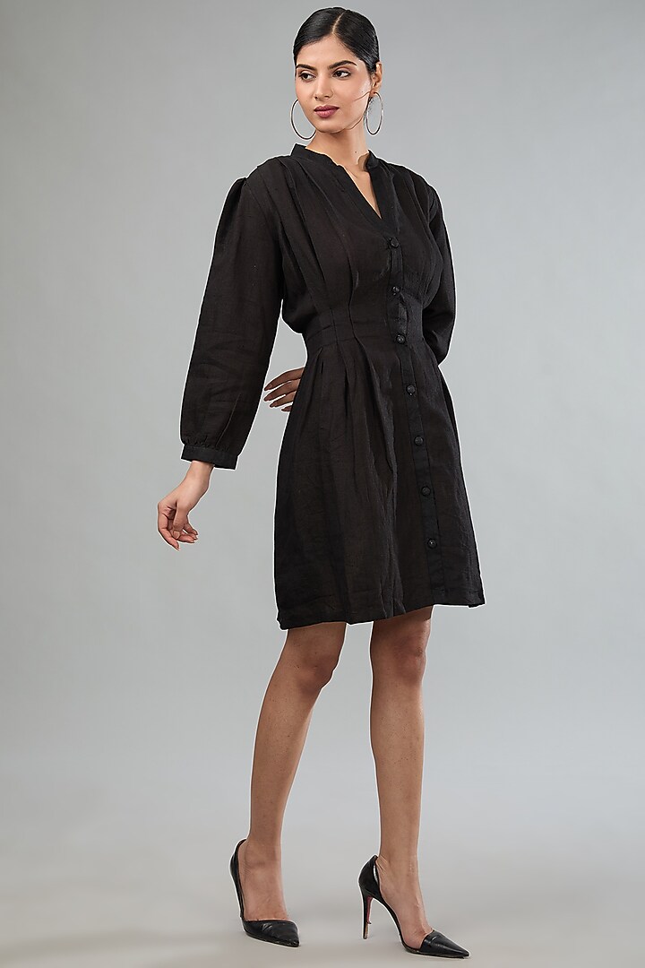 Black Linen Mini Summer Shirt Dress With Tie-Up Belt by Label Sugar at Pernia's Pop Up Shop