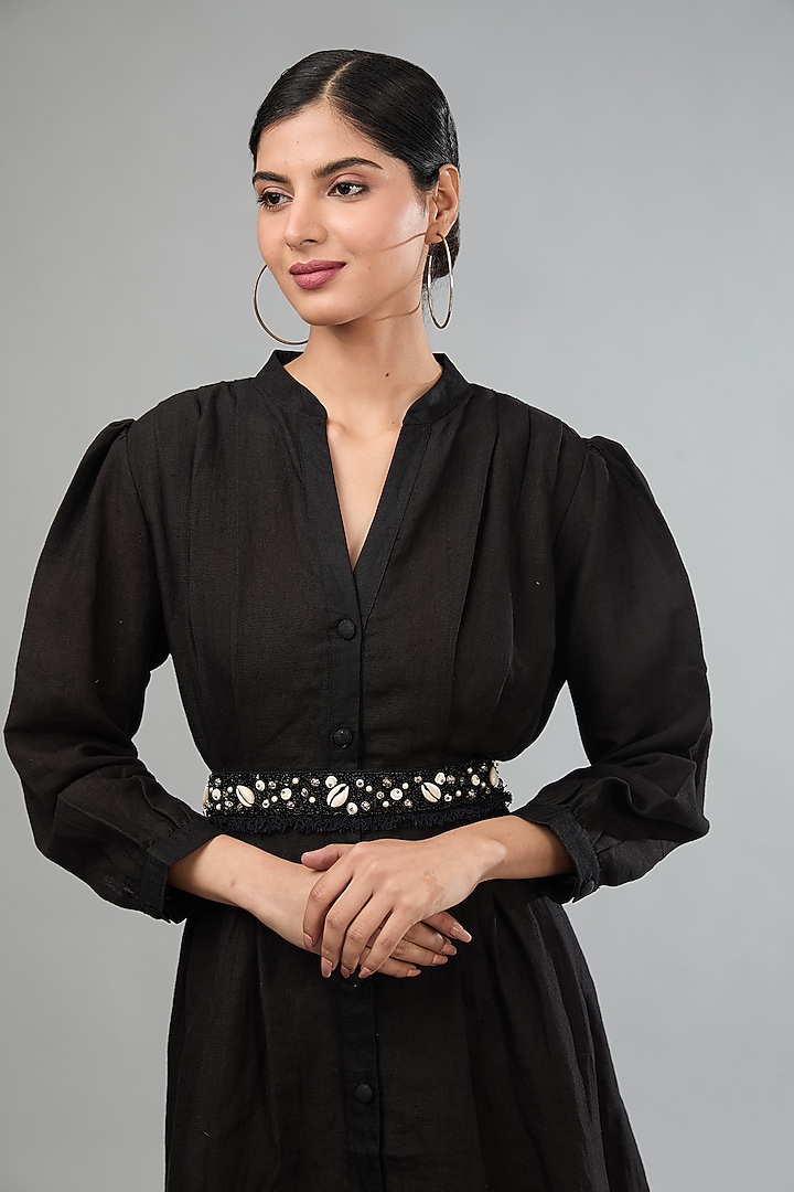 Black Linen Mini Summer Shirt Dress With Tie-Up Belt by Label Sugar at Pernia's Pop Up Shop