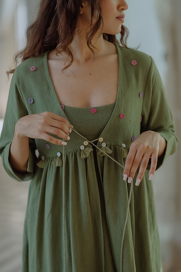Green Jute Embroidered Jacket Summer Dress by Label Sugar at Pernia's Pop Up Shop