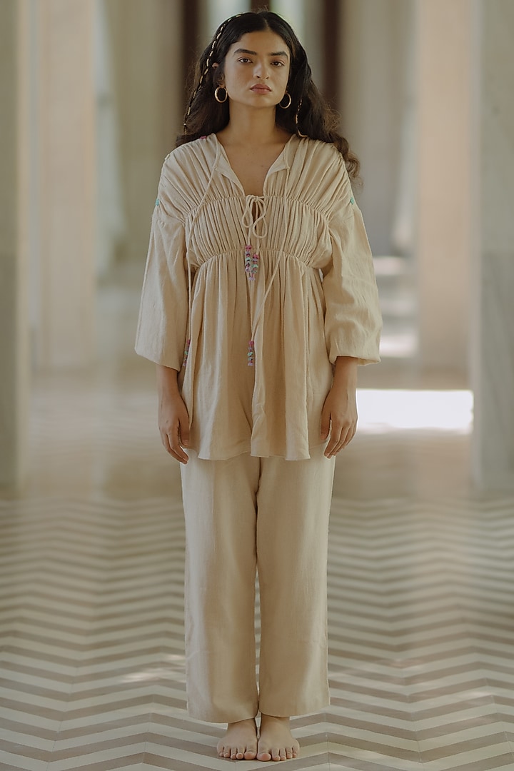 Beige Jute Embroidered Co-Ord Set by Label Sugar at Pernia's Pop Up Shop