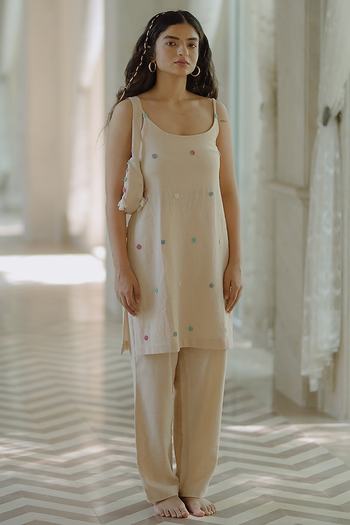 Beige Jute Embroidered Tunic Set by Label Sugar at Pernia's Pop Up Shop