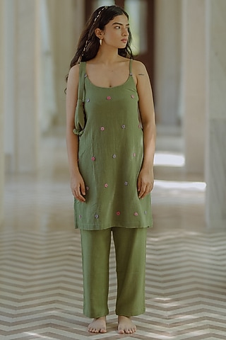Green Jute Embroidered Tunic Set by Label Sugar