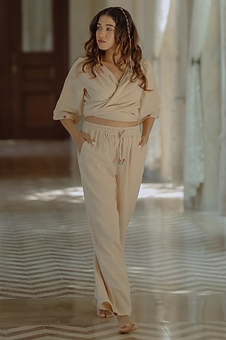 Beige Jute Embroidered Co-Ord Set by Label Sugar