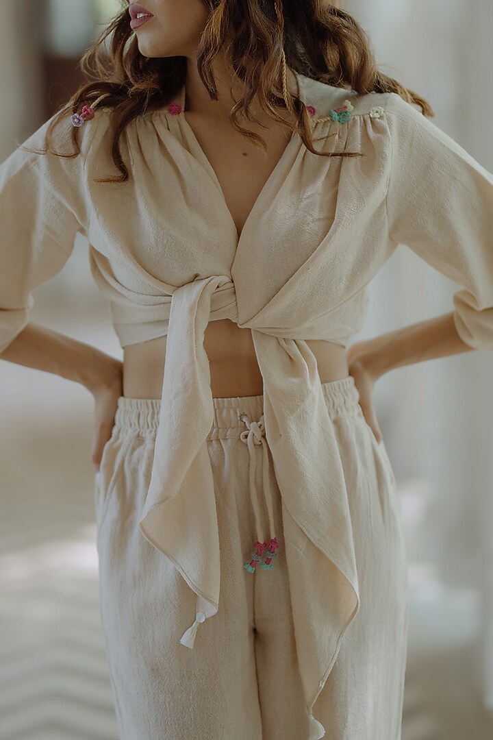 Beige Jute Embroidered Co-Ord Set by Label Sugar at Pernia's Pop Up Shop
