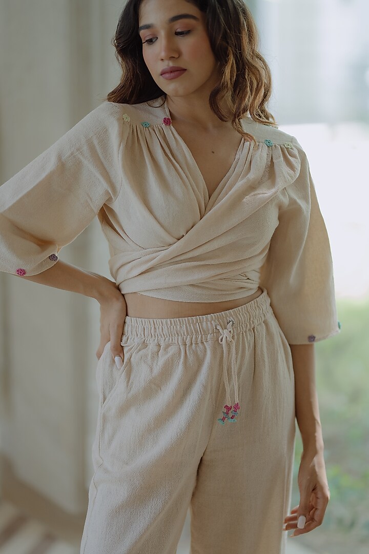 Beige Jute Embroidered Co-Ord Set by Label Sugar at Pernia's Pop Up Shop