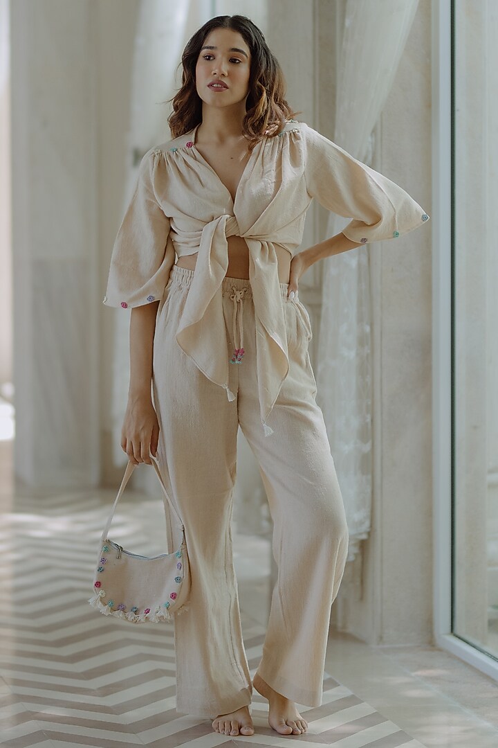 Beige Jute Embroidered Co-Ord Set by Label Sugar at Pernia's Pop Up Shop