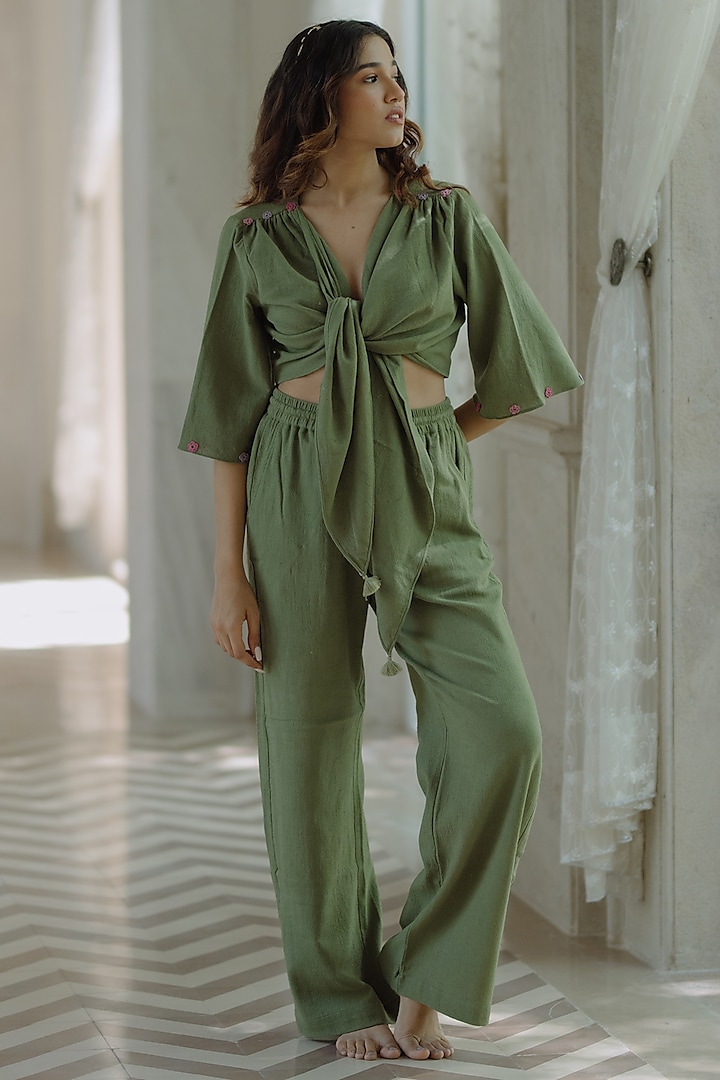 Green Jute Embroidered Co-Ord Set by Label Sugar