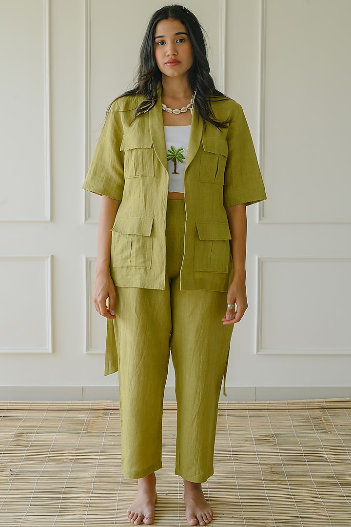 Green Linen Jacket Set by Label Sugar