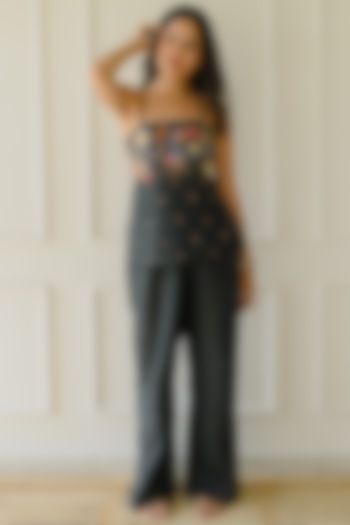 Black Linen Embroidered Pant Set  by Label Sugar at Pernia's Pop Up Shop