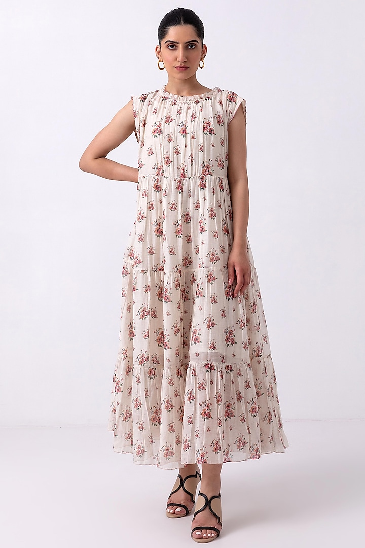 Off-White Chanderi Printed Dress by Label Shreya Sharma