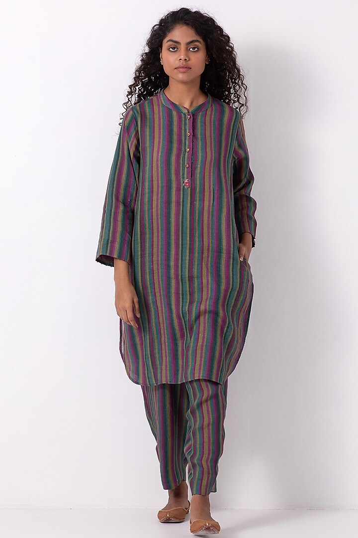 Multi-Colored Linen Striped Kurta Set by Label Shreya Sharma