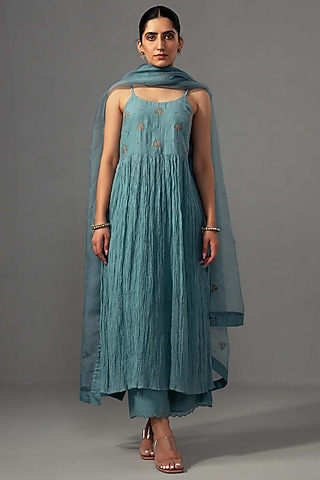 Aqua Chanderi Hand Embroidered Anarkali Set by Label Shreya Sharma