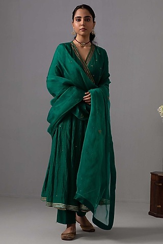 Emerald Green Chanderi Hand Embroidered Angrakha Anarkali Set by Label Shreya Sharma