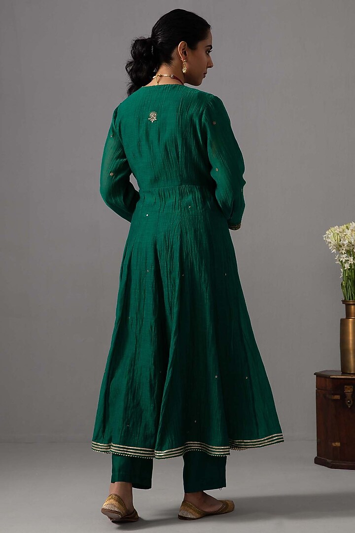 Emerald Green Chanderi Hand Embroidered Angrakha Party Wear Anarkali Set by Label Shreya Sharma at Pernia's Pop Up Shop