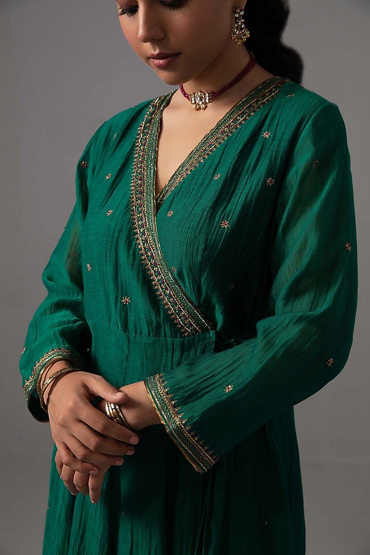 Emerald Green Chanderi Hand Embroidered Angrakha Party Wear Anarkali Set by Label Shreya Sharma at Pernia's Pop Up Shop