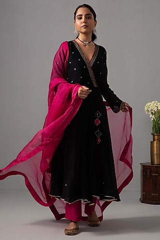 Black Chanderi Hand Embroidered Angrakha Anarkali Set by Label Shreya Sharma