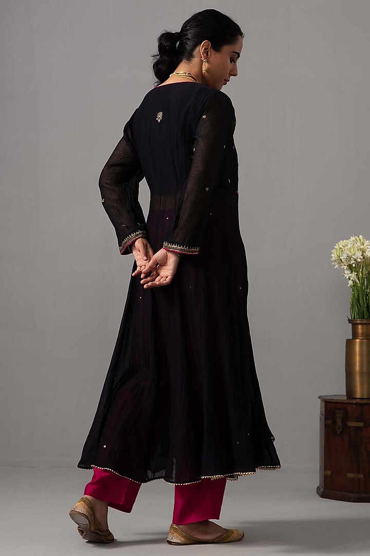 Black Chanderi Hand Embroidered Angrakha Party Wear Anarkali Set by Label Shreya Sharma at Pernia's Pop Up Shop