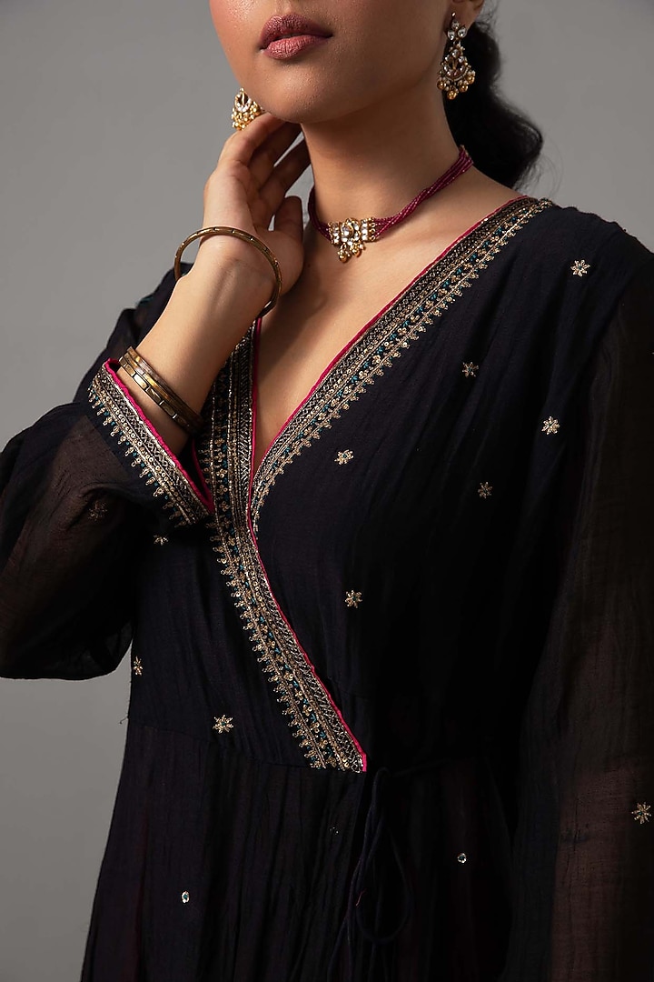 Black Chanderi Hand Embroidered Angrakha Party Wear Anarkali Set by Label Shreya Sharma at Pernia's Pop Up Shop