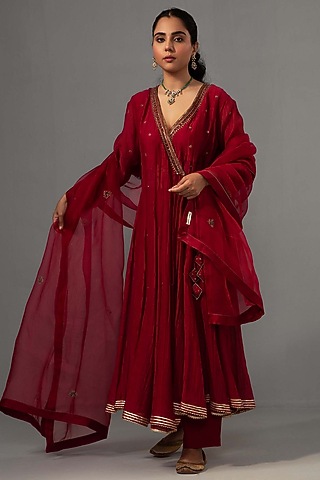 Red Chanderi Hand Embroidered Angrakha Anarkali Set by Label Shreya Sharma