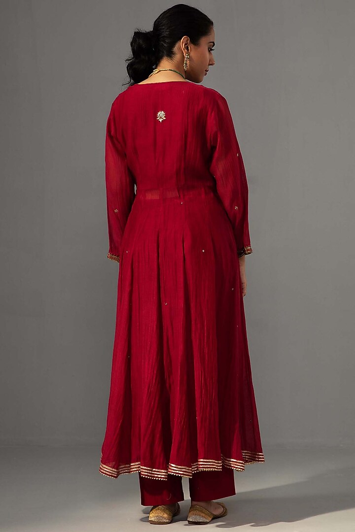 Red Chanderi Hand Embroidered Angrakha Party Wear Anarkali Set by Label Shreya Sharma at Pernia's Pop Up Shop