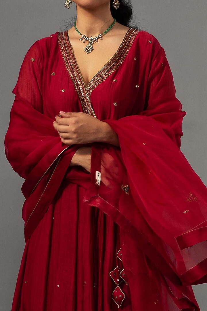 Red Chanderi Hand Embroidered Angrakha Party Wear Anarkali Set by Label Shreya Sharma at Pernia's Pop Up Shop