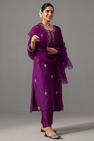 Aubergine Chanderi Hand Embroidered Kurta Set by Label Shreya Sharma