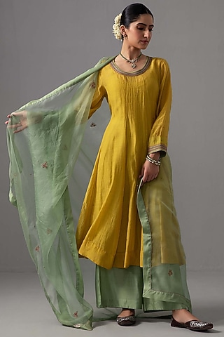 Yellow Chanderi Hand Embroidered Anarkali Set by Label Shreya Sharma