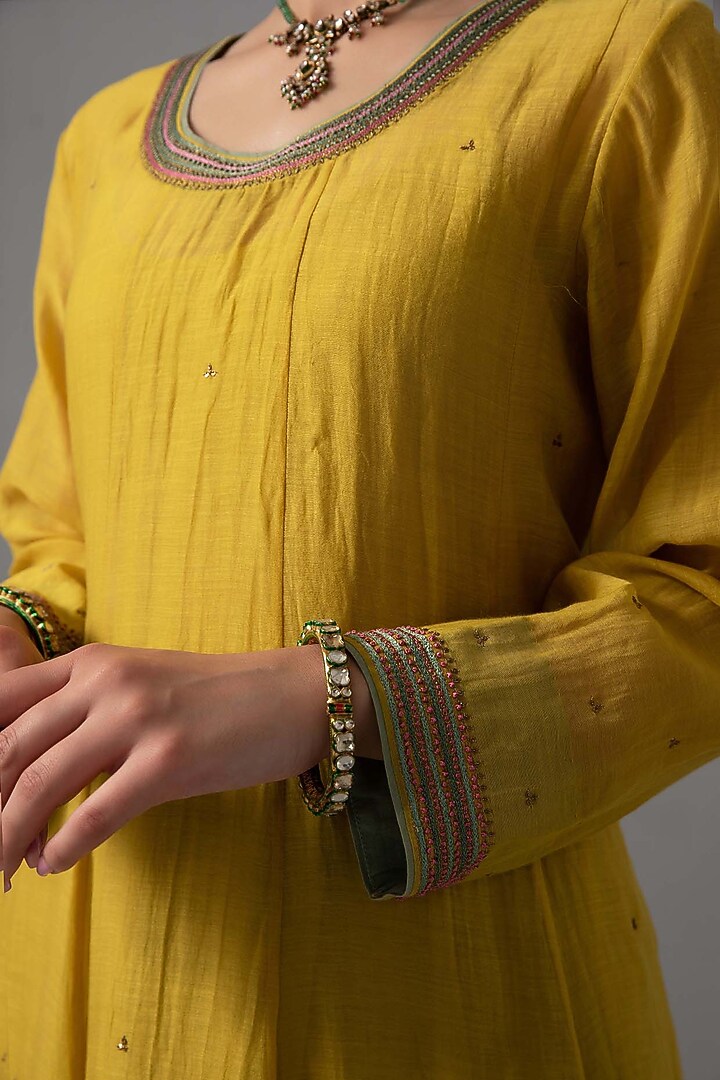 Yellow Chanderi Hand Embroidered Party Wear Anarkali Set by Label Shreya Sharma at Pernia's Pop Up Shop