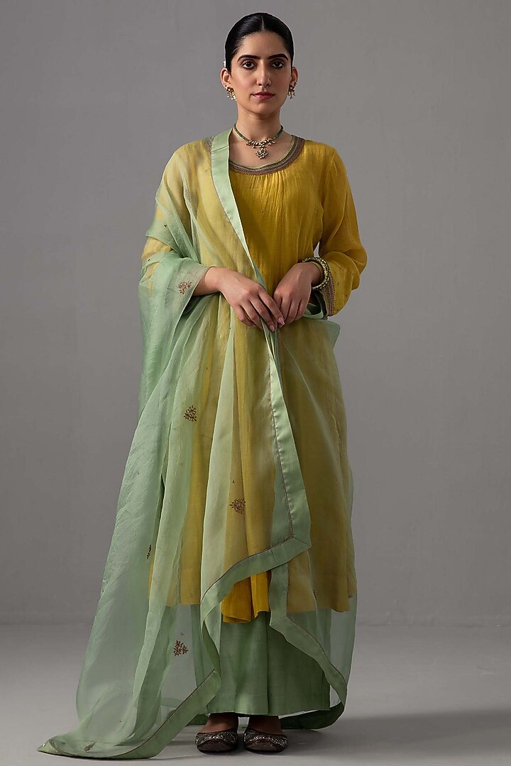 Yellow Chanderi Hand Embroidered Party Wear Anarkali Set by Label Shreya Sharma at Pernia's Pop Up Shop