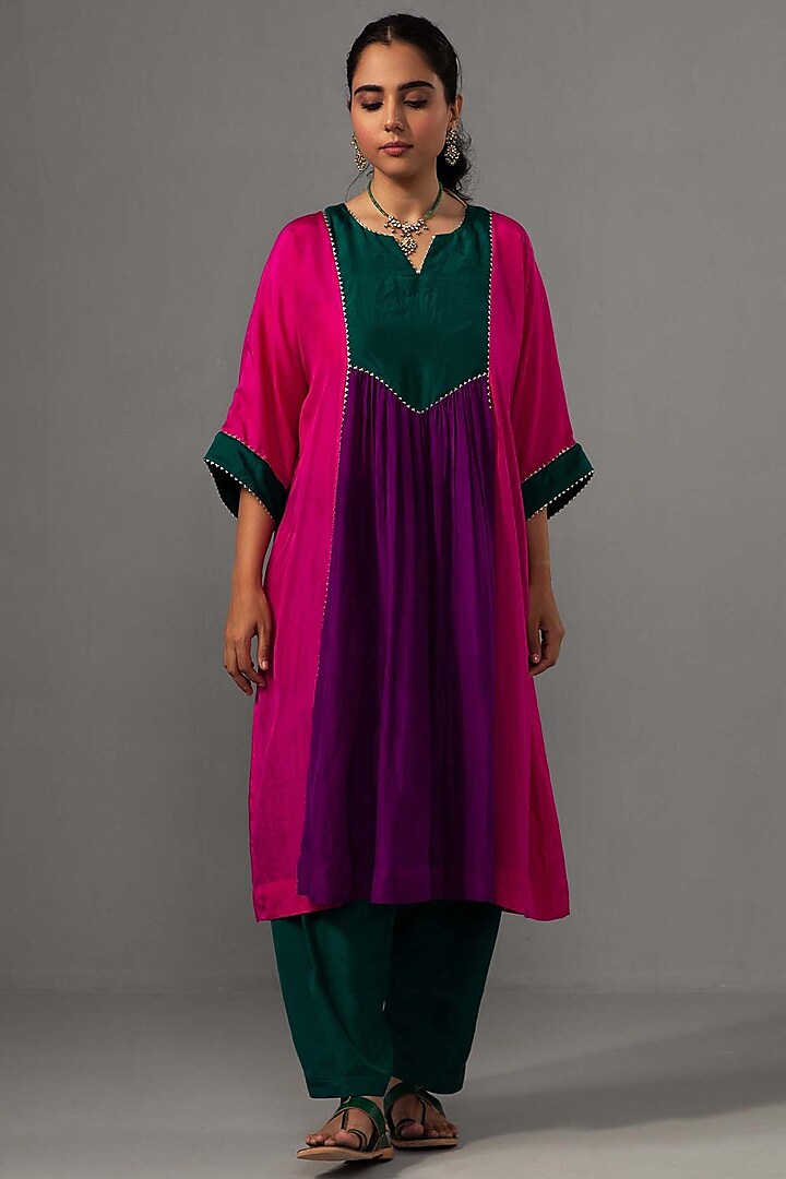 Rani Pink Pure Silk Color-Blocked Kurta Set by Label Shreya Sharma