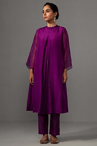 Aubergine Pure Silk Pleated Kurta Set by Label Shreya Sharma