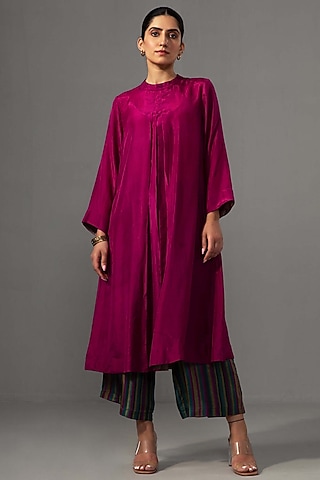 Pink Pure Silk Pleated Kurta Set by Label Shreya Sharma