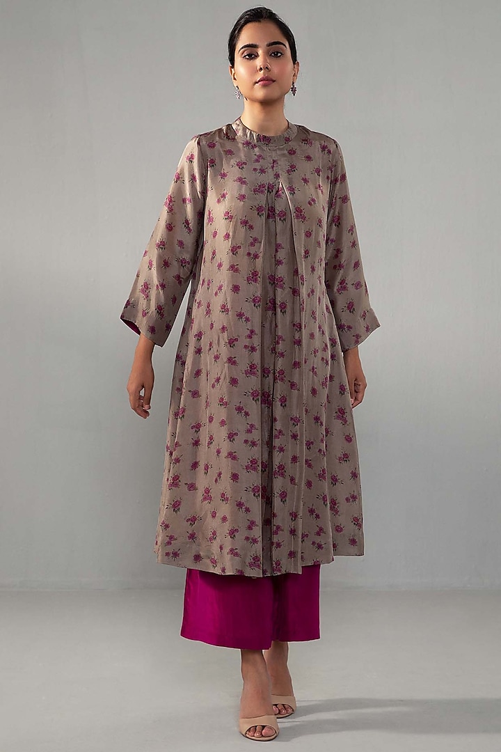 Brown Pure Silk Floral Printed Pleated Kurta Set by Label Shreya Sharma
