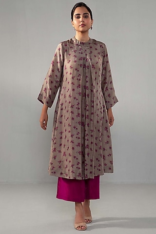 Brown Pure Silk Floral Printed Pleated Kurta Set by Label Shreya Sharma