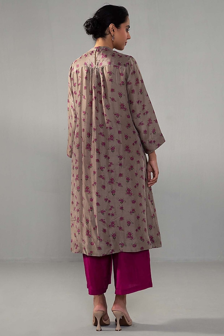 Brown Pure Silk Floral Printed Pleated Kurta Set by Label Shreya Sharma at Pernia's Pop Up Shop